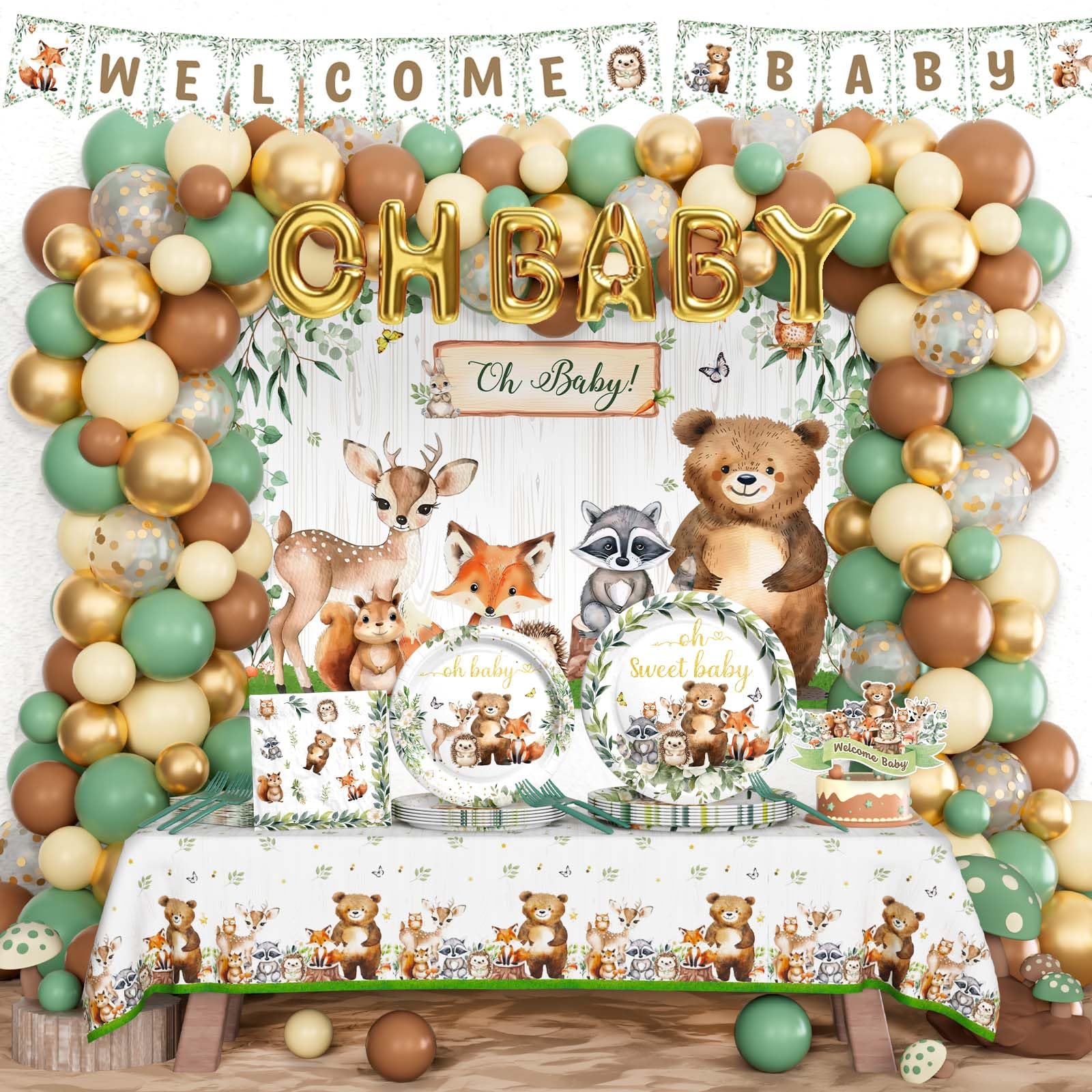 Hombae Woodland Baby Shower Supplies, Forest Animal Neutral Baby Shower Decorations, Baby Shower Decorations For Boy, Backdrop Balloon Banner Tablecloth Cake Topper, Plates, Napkins, Forks