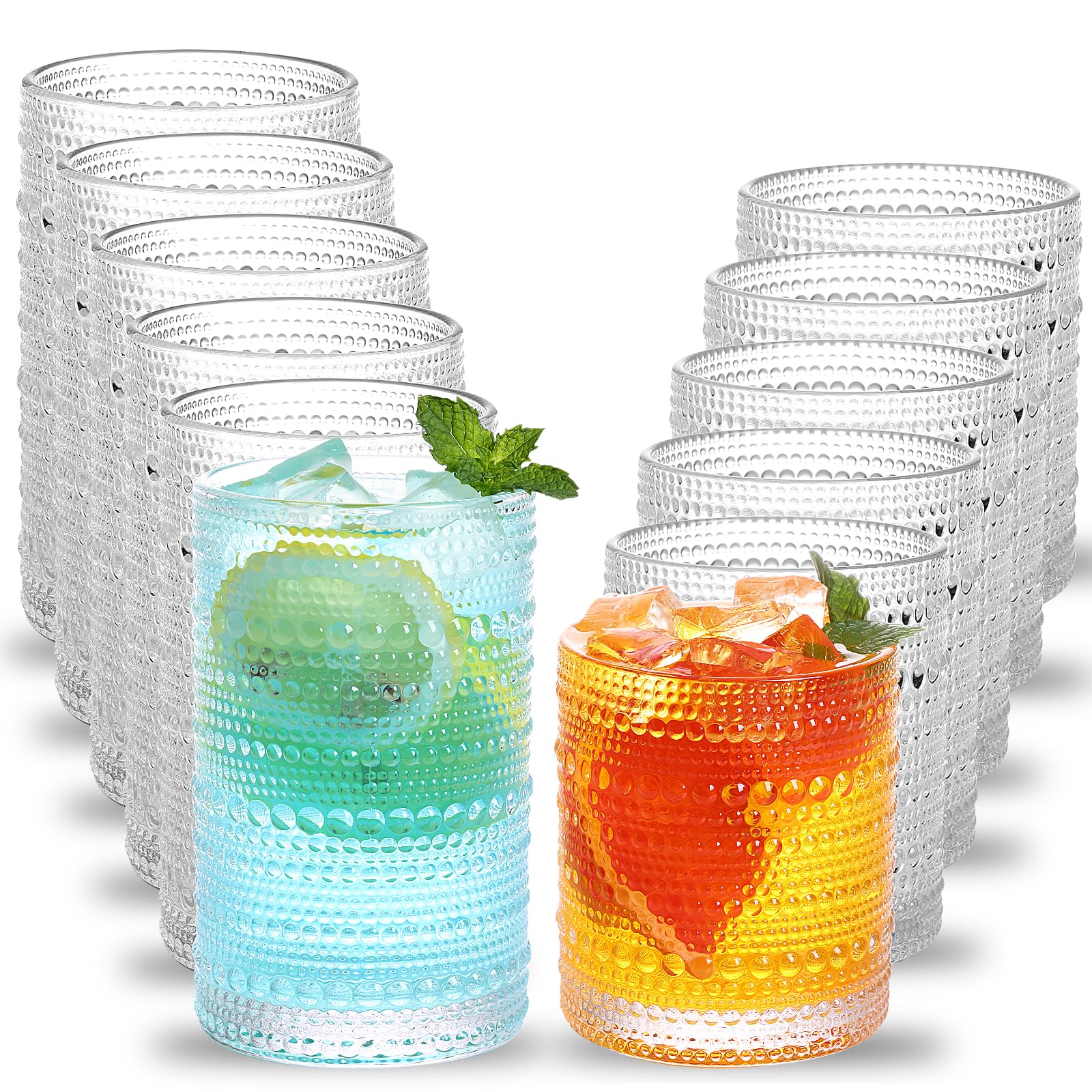 Moretoes Hobnail Drinking Glasses Set of 12, Vintage Glass Cups Set, 12oz Highball Glasses & 10oz Cocktail Glasses Set, Kitchen Bar Tumbler Glassware Gifts Set for Lemonade, Whiskey, Beer, Juice, Milk