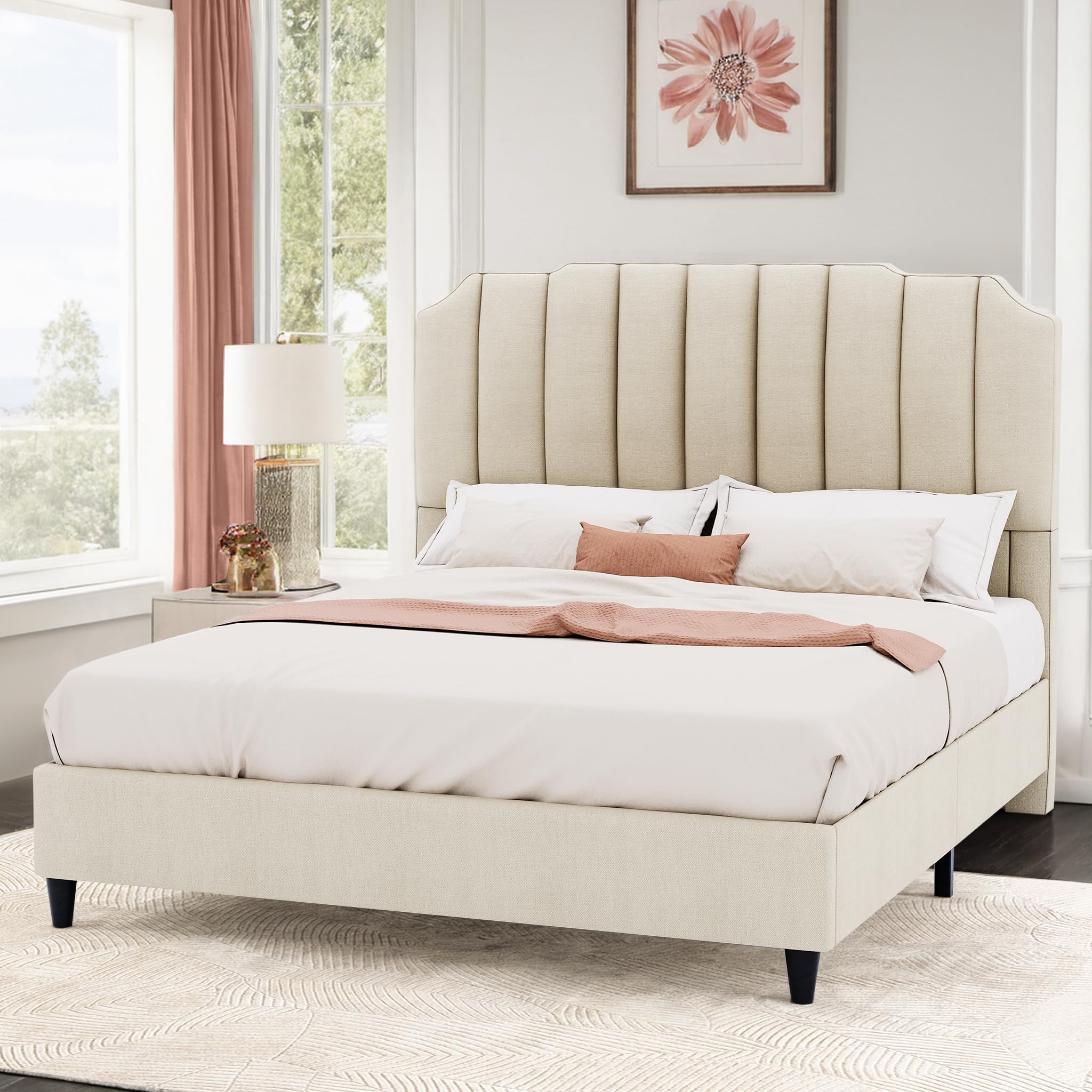 HALLYBEE 50.4" H Queen Bed Frame with Headboard Linen Fabric Platform Bed Frame Queen Size, Chic and Elegant Upholstered Bed Frame Queen, Bedframe No Box Spring Needed, Mattress Foundation, Beige