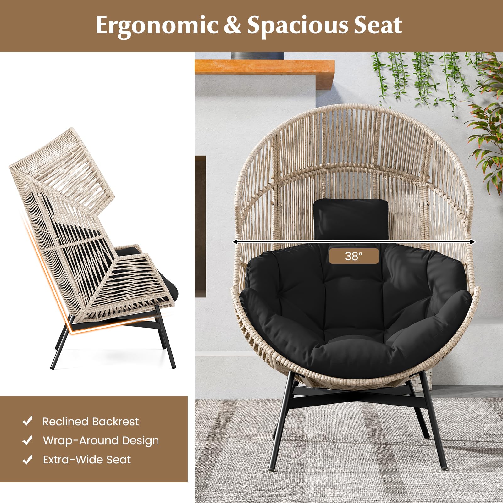 Tangkula Oversized Egg Style Chair, Wicker Stationary Patio Egg Chair w/Cushions & Headrest, Heavy-Duty Metal Frame, Patio Lounge Basket Sofa Chair for Yard, Porch, Living Room