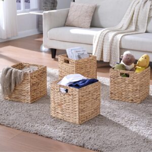 Set of 4 Wicker Storage Basket, Woven Baskets for Storage, Foldable Wicker Storage Basket for Shelf, Cube Storage Bin for Shelves, Water Hyacinth Laundry Organizer Square Shelf Baskets, 12''x12''x12''