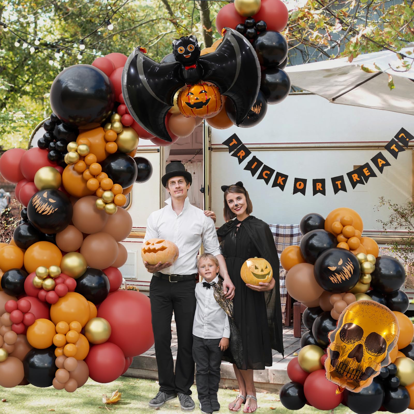 DBKL 160Pcs Halloween Balloon Garland Arch Kit, Black Dusty Orange Yellow Gold Halloween Balloon Arch with Giant Pumpkin Skull Bat Foil Balloons 3D Bat Stickers for Halloween Party Decorations