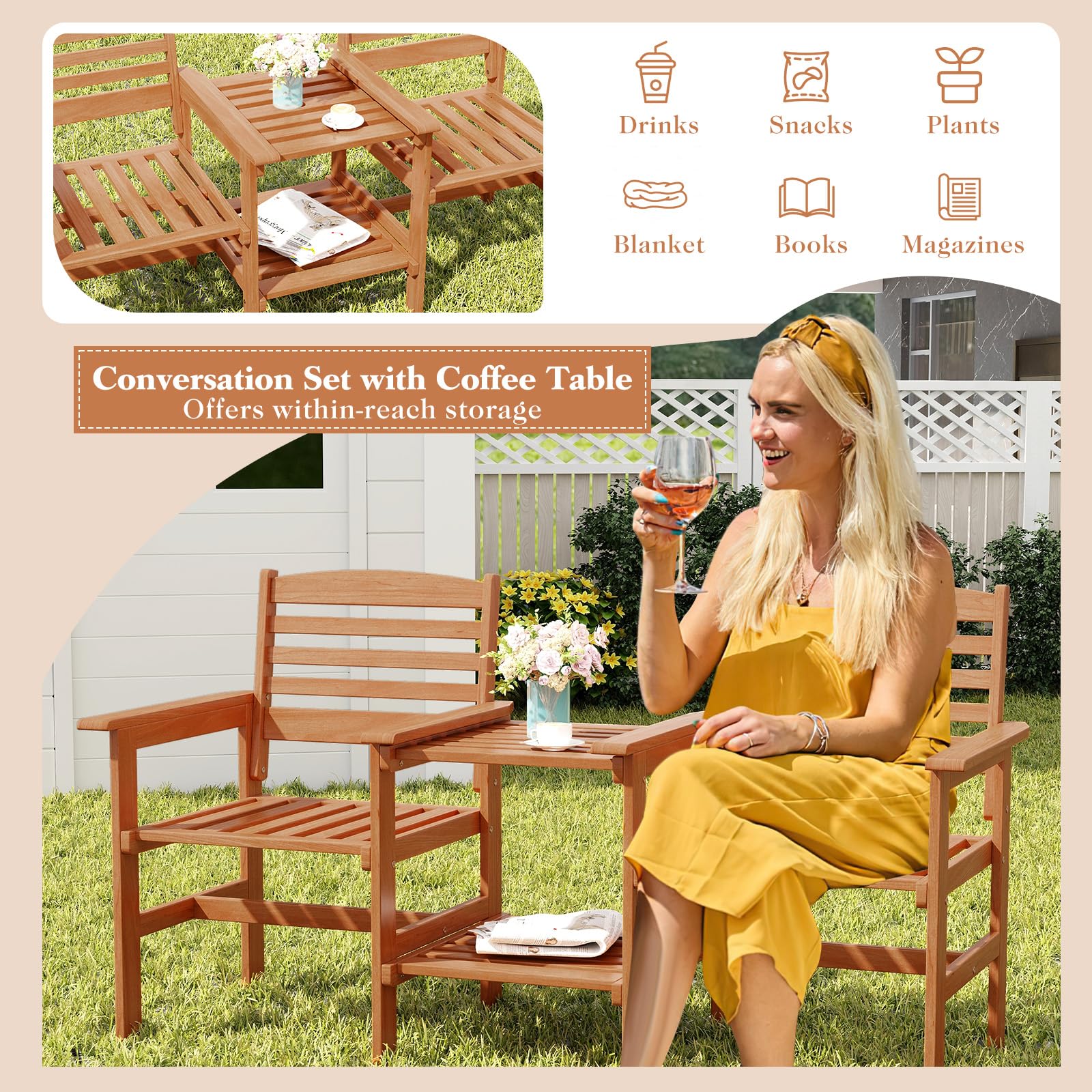 Tangkula Outdoor Patio Loveseat with Table, Wood 2-Seat Conversation Set with Coffee Table and Umbrella Hole, Outdoor Furniture Set for Garden Poolside Backyard Balcony Porch Deck (Natural)