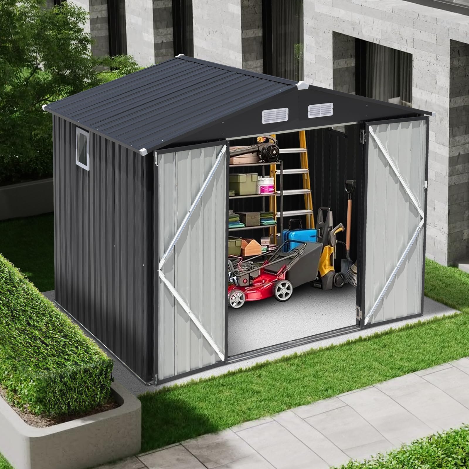 Verano Garden 8'x6' Outdoor Storage Shed, Galvanized Metal Steel Garden Shed with Upgrade Window, Double Door W/Lock, Bike Storage for Backyard, Patio, Lawn (96.85"x63.39"x77.56")