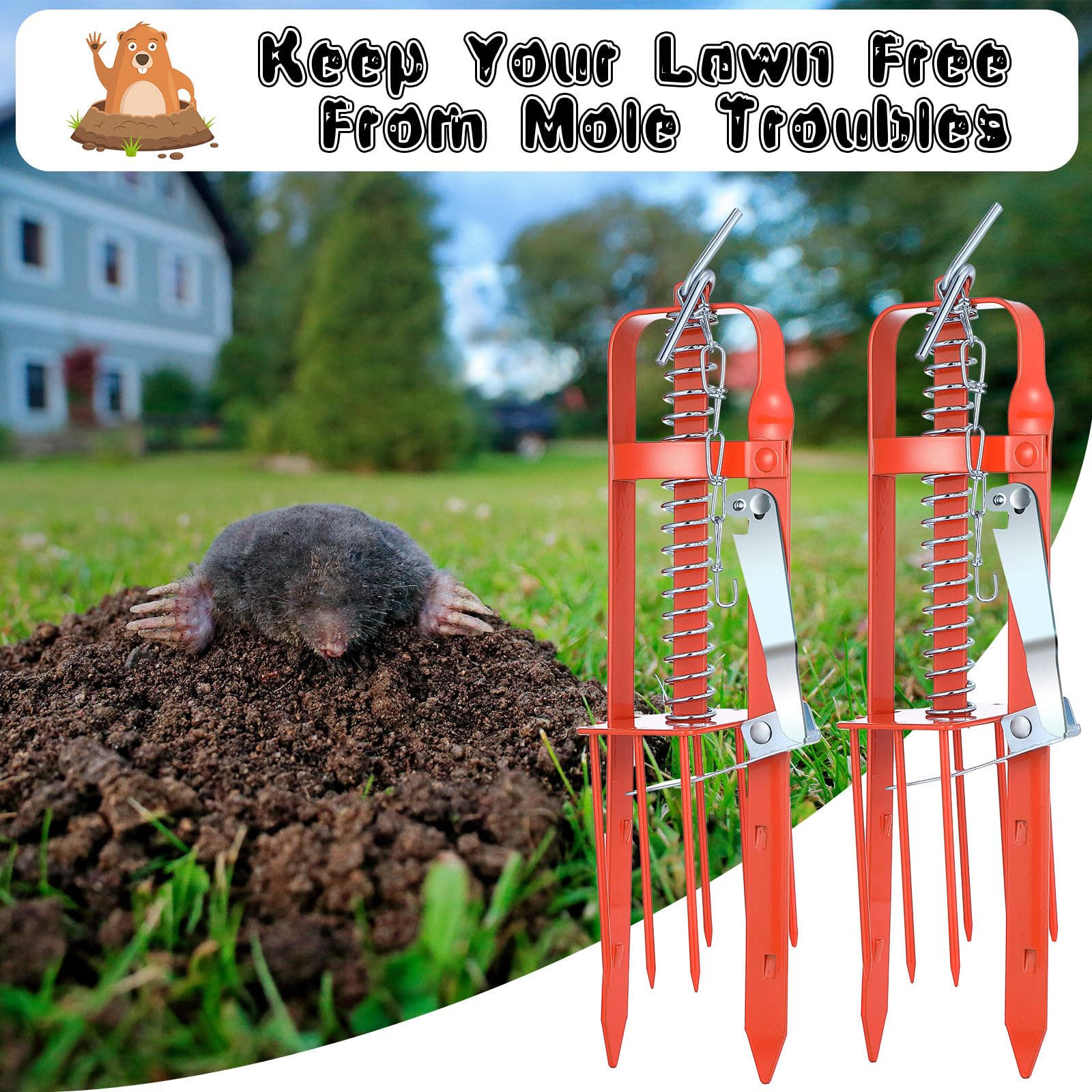 Qualirey 2 Pcs Mole Trap for Lawns, Spear Style Mole Killer for Garden Yard Outdoor, Alloy Steel Mechanical Vole Gopher Trap, Quick and Clean Mole Traps That Kill Best