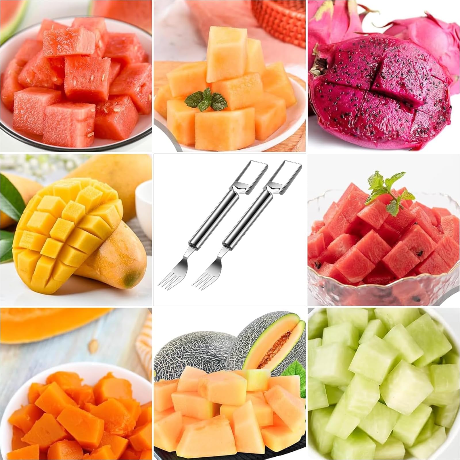 2Pcs 2024 New Watermelon Cutter, 2-in-1 Stainless Steel Fruit Knife Watermelon Fork Slicer Cutter Slicer Tool Dual Head Fruit Forks Slicer Knife Summer Portable Fruit Cutting Knife Fork (2, Silver)