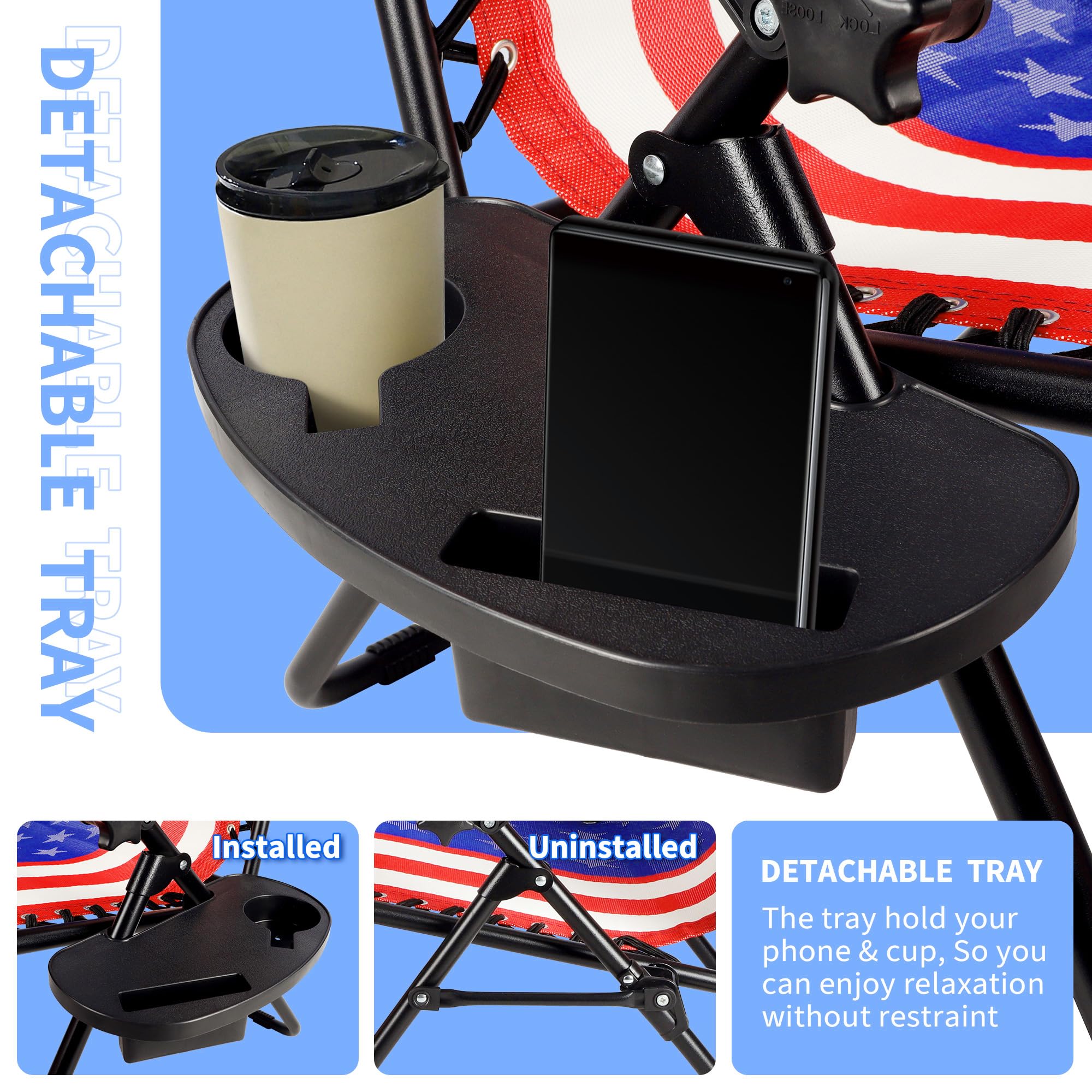 Colorsoul Zero Gravity Chairs Set of Two, Outdoor Adjustable Folding Reclining Lounge Chairs, with Head Pillow and Holder Tray, for Poolside Backyard and Beach (American Flag)