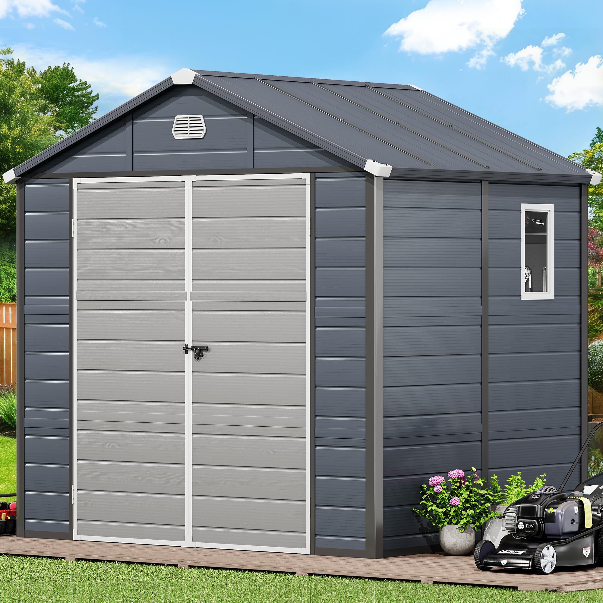 YITAHOME 8x6.2FT Outdoor Resin Storage Shed w/o Floor, All-Weather Plastic Shed with Lockable Doors, Window & Vents, Plastic Tool Shed for Backyard, Patio, Poolside, Lawn, Dark Gray