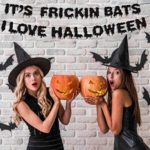 Black Glitter It's Frickin Bats I Love Halloween Banner, Halloween Garland Banner for Halloween Theme Party Decorations, Halloween Party Supplies, Home Mantel Wall Window Decor, Haunted House Decor