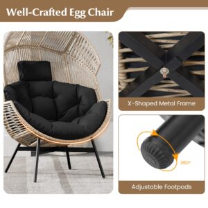 Tangkula Oversized Egg Style Chair, Wicker Stationary Patio Egg Chair w/Cushions & Headrest, Heavy-Duty Metal Frame, Patio Lounge Basket Sofa Chair for Yard, Porch, Living Room