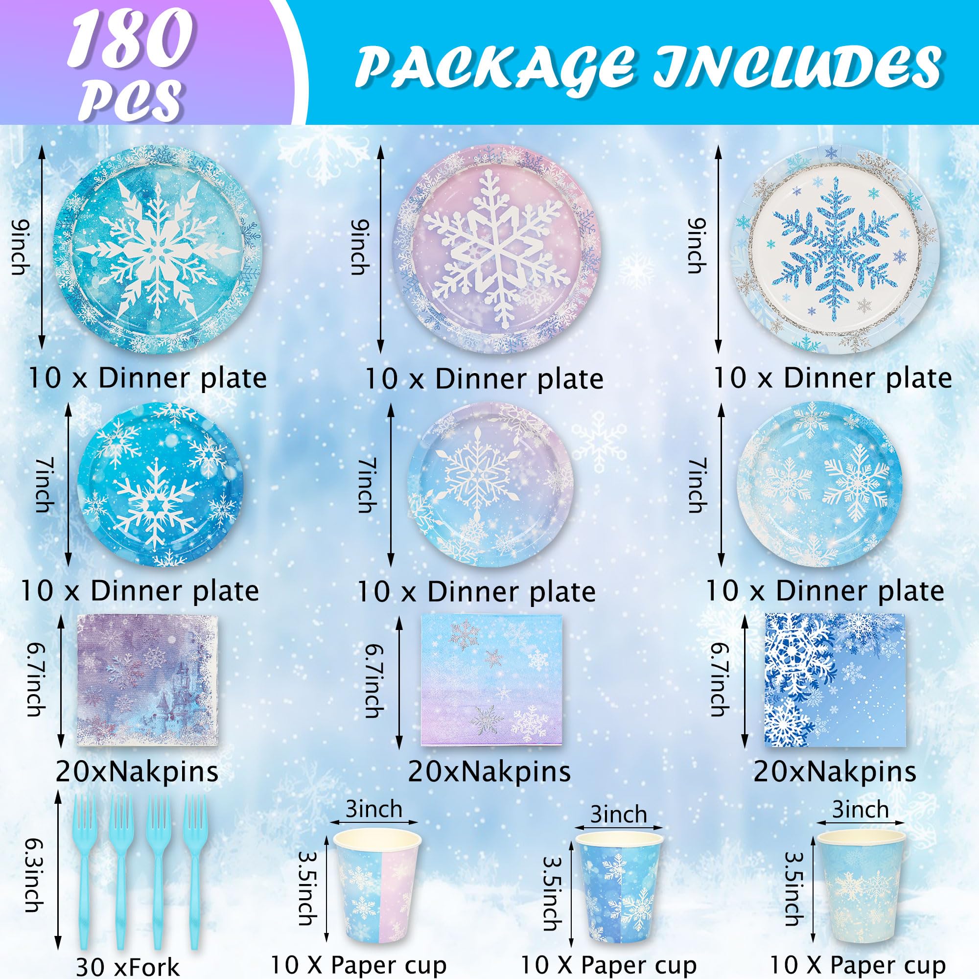 180PCS Snowflake Frozen Birthday Party Supplies for 30 Guests - Frozen Themed Party Tableware for Kids Holiday Birthday Party Baby Shower Decoration, Including Frozen Plates Cups Napkins Forks, Blue