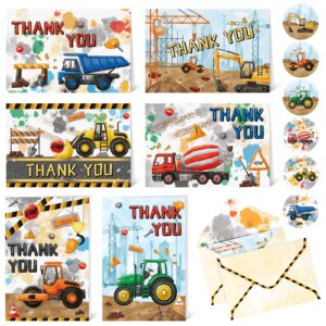 wernnsai construction thank you cards - 24 pcs construction party supplies dump truck greeting cards with envelopes stickers appreciation thank you notes for boys kids birthday party baby shower