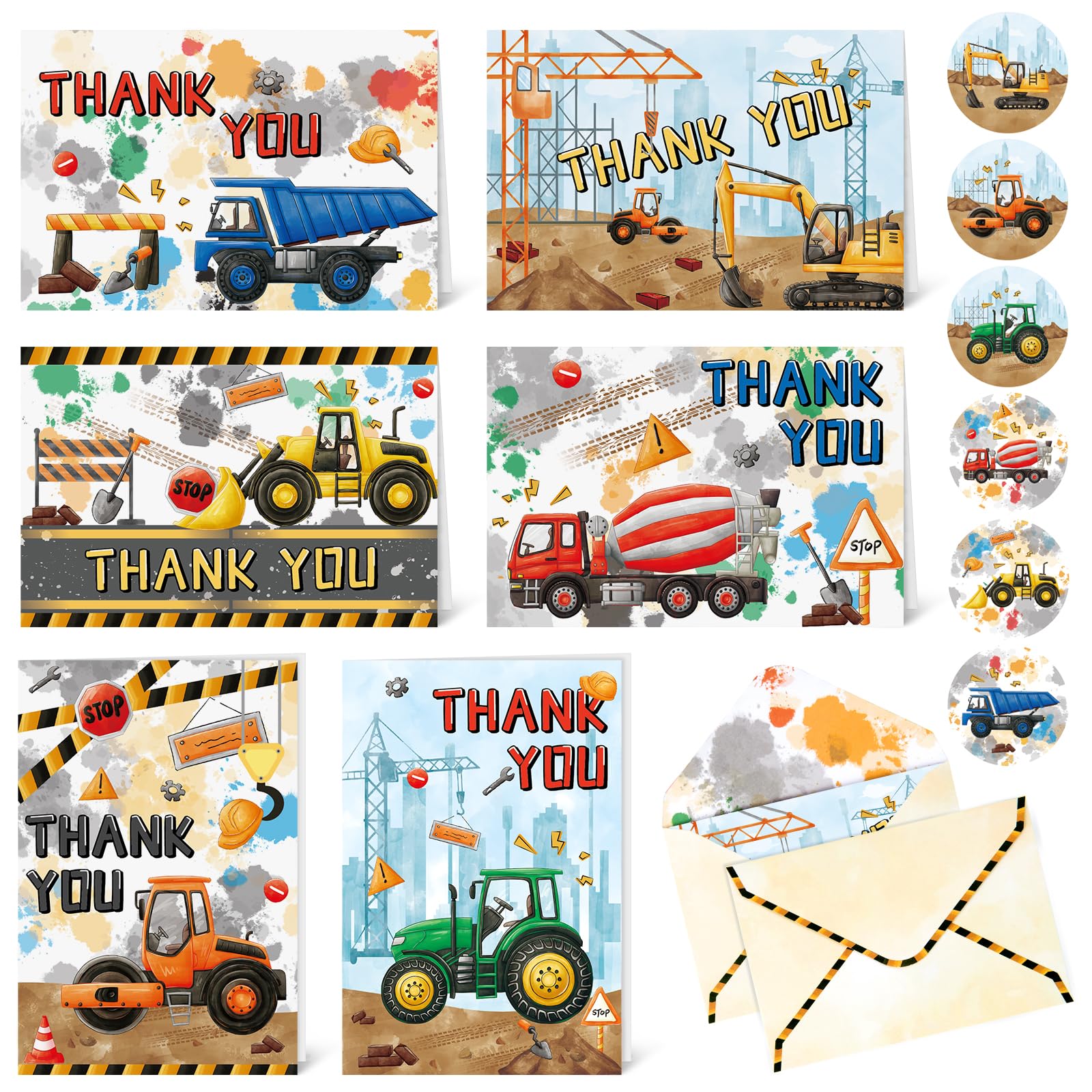 WERNNSAI Construction Thank You Cards - 24 PCS Construction Party Supplies Dump Truck Greeting Cards with Envelopes Stickers Appreciation Thank You Notes for Boys Kids Birthday Party Baby Shower