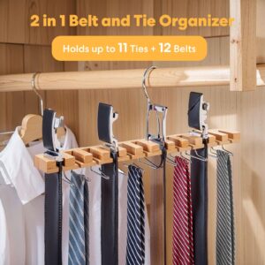 2 Pack Tie Rack Belt Hanger for Closet, 2 in 1 Tie Organizer Wall Mount, 12 Belts + 11 Ties Holder for Men, Wooden Belt Holder Storage for Belts Scarves