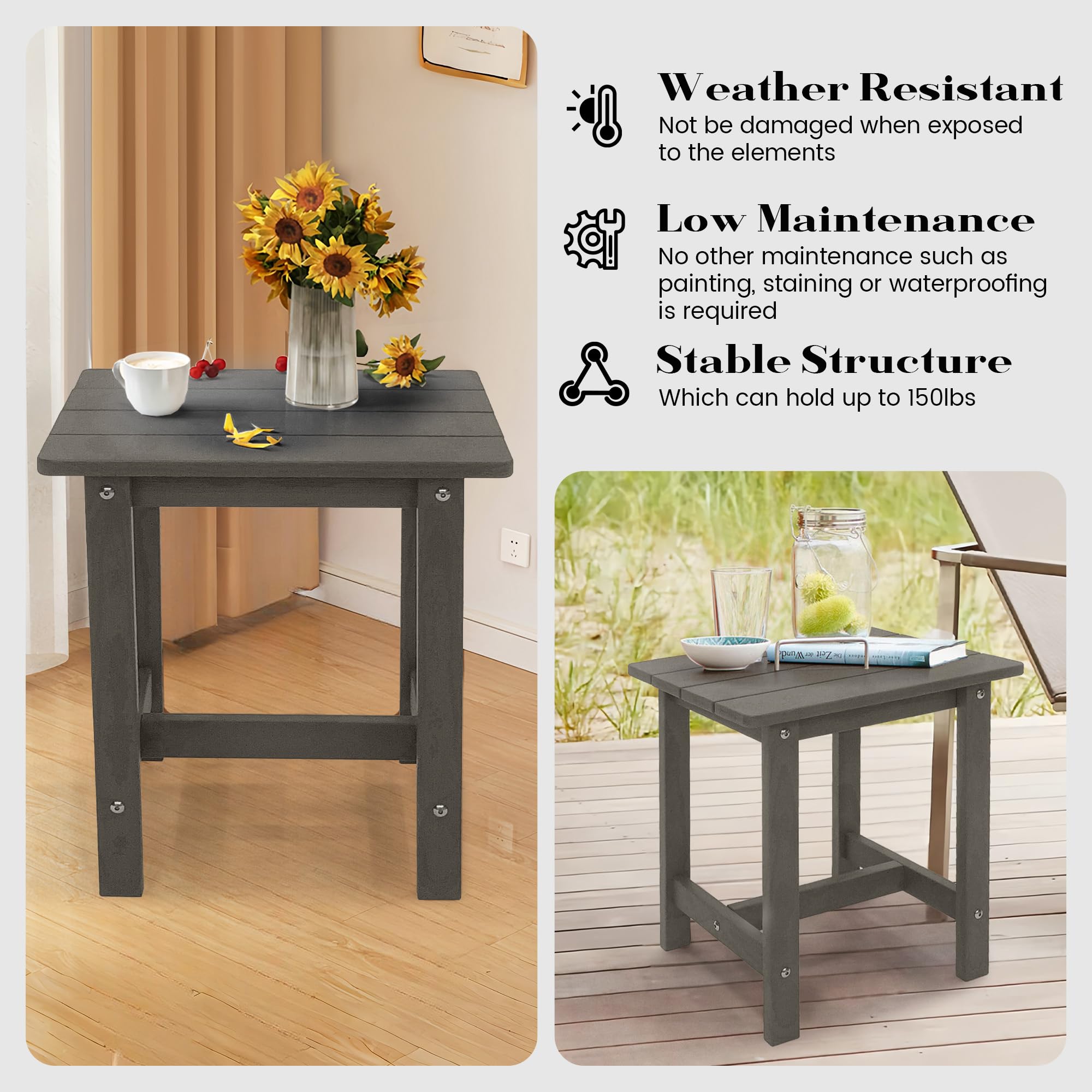 juserox Outdoor Side Table, Adirondack Small Patio Table, Plastic Small Outdoor Table, HDPS Side Table for Pool, Balcony, Porch, Deck, Backyard, Indoor or Outdoor Use, Grey