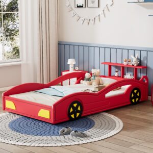 VeroFree Twin Size Race Car-Shaped Platform Bed with Wheels, Modern Wooden Platform Bed Frame with Support Slats, Twin Floor Bed for Teens Kids Boys Girls, No Spring Need, Red