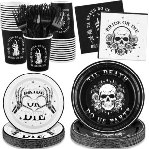 durony 144 pieces bride or die paper plates and napkins dinnerware set halloween party tableware includes paper plates napkins forks serve 24 for bachelorette and halloween party supplies