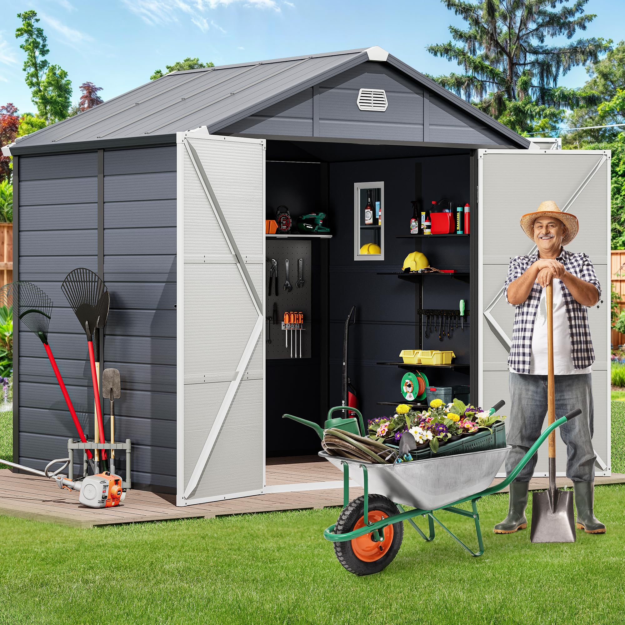 YITAHOME 8x6.2FT Outdoor Resin Storage Shed w/o Floor, All-Weather Plastic Shed with Lockable Doors, Window & Vents, Plastic Tool Shed for Backyard, Patio, Poolside, Lawn, Dark Gray