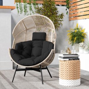 Tangkula Oversized Egg Style Chair, Wicker Stationary Patio Egg Chair w/Cushions & Headrest, Heavy-Duty Metal Frame, Patio Lounge Basket Sofa Chair for Yard, Porch, Living Room