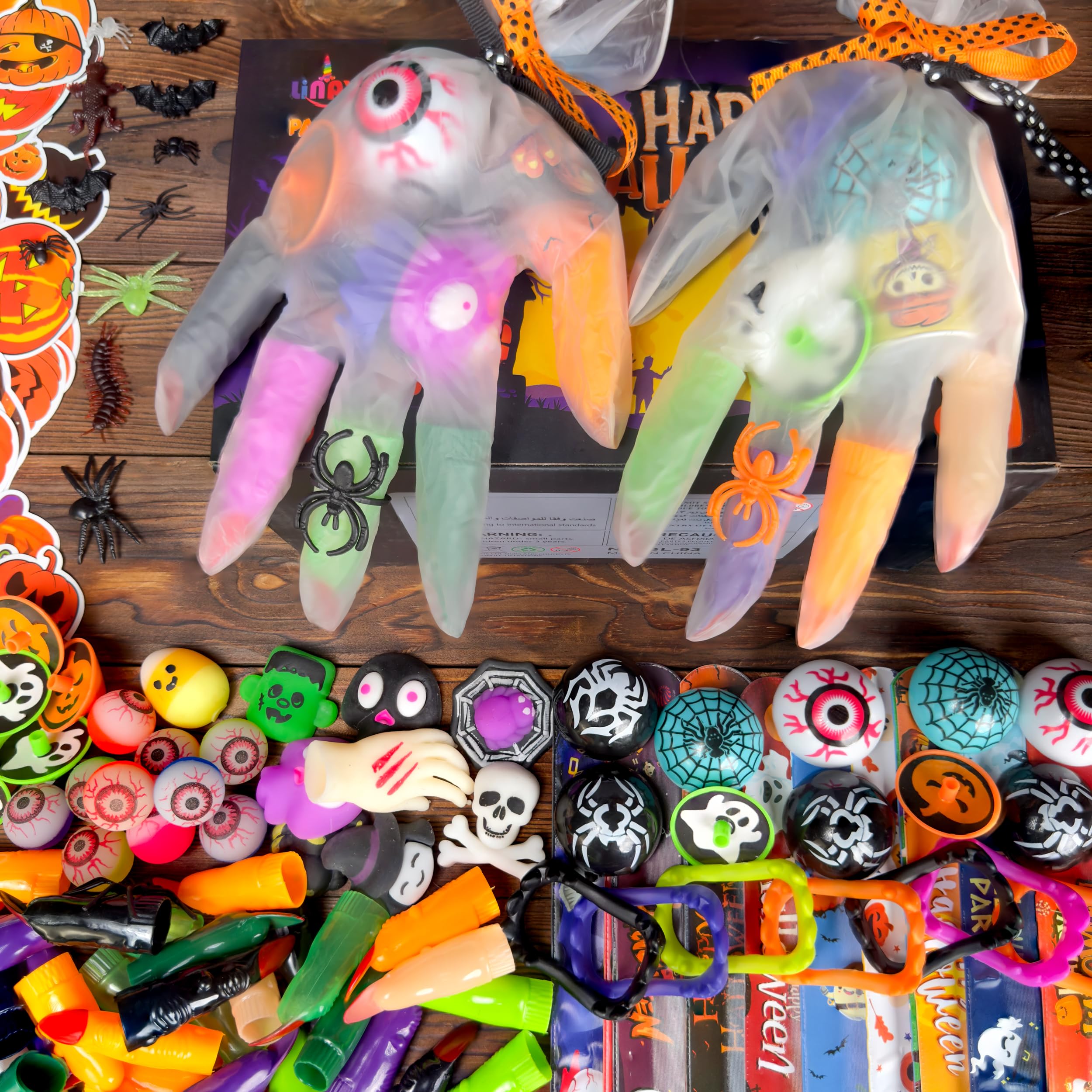 LINAYE 220PCS Halloween Party Favors for Kids, Non-Candy Halloween Treats Bulk, Halloween Gloves Stuffed Halloween Toys Bulk for Kids, Halloween Treat Goodie Bag Fillers Stuffers for Kids