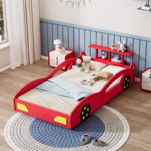 verofree twin size race car-shaped platform bed with wheels, modern wooden platform bed frame with support slats, twin floor bed for teens kids boys girls, no spring need, red