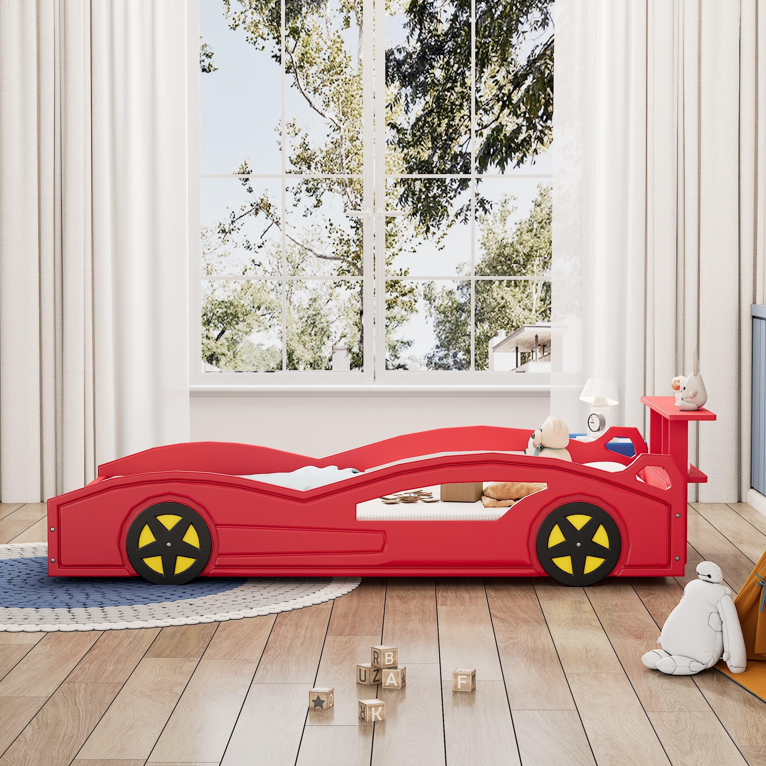 VeroFree Twin Size Race Car-Shaped Platform Bed with Wheels, Modern Wooden Platform Bed Frame with Support Slats, Twin Floor Bed for Teens Kids Boys Girls, No Spring Need, Red