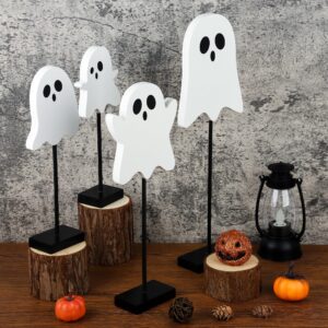 Halloween Standing Table Decor Ghost Wooden Signs Halloween Tiered Tray Decorations Ghost Table Centerpiece Tall Block Sign for Halloween Party Home Room Decor, 4 Pcs