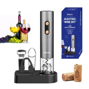 danett automatic electric wine opener gift set 5in1, electric wine bottle corkscrew+foil cutter+pourer+vacuum stoppers+base,al alloy body+rose gold buttons anti-fingerprint,blue light bin-grey