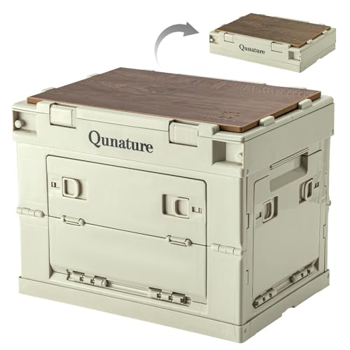 QUNATURE Collapsible Storage Bins Box with Woodgrain Laminate Cutting board 26L Camping Storage Container Foldable Stackable Heavy duty for Picnic/Closet/Garage/Moving