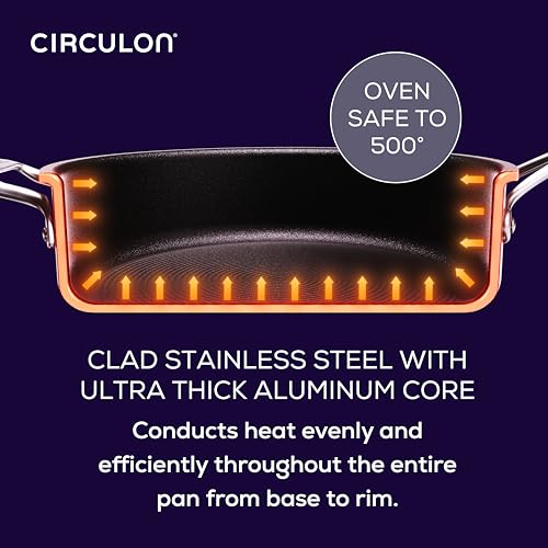 Circulon C1 Series Clad Stainless Steel with ScratchDefense Technology Cookware Nonstick Induction Saute Pan with Lid and Helper Handle, Metal Utensil Safe, 5 Quart - Polished Stainless Steel