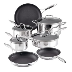 circulon c1 series clad stainless steel with scratchdefense technology nonstick induction cookware pots and pans set, metal utensil safe, 11 piece set - polished stainless steel