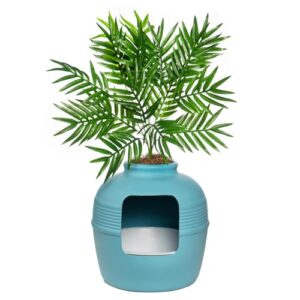 good pet stuff hidden litter box & reusable liner essentials kit, round enclosed cat planter furniture, fake plant, hooded vented carbon filter system for odor control, easy to clean, caribbean blue