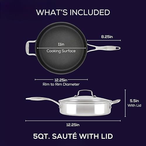 Circulon C1 Series Clad Stainless Steel with ScratchDefense Technology Cookware Nonstick Induction Saute Pan with Lid and Helper Handle, Metal Utensil Safe, 5 Quart - Polished Stainless Steel