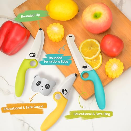 ZLemma Kids Knife Set for Real Cooking with Educational Ring & Panda Finger Guard for Boys & Girls Cutting, Kids Chef Knife Stainless Steel Blade for Kitchen Cutting-Cool-toned