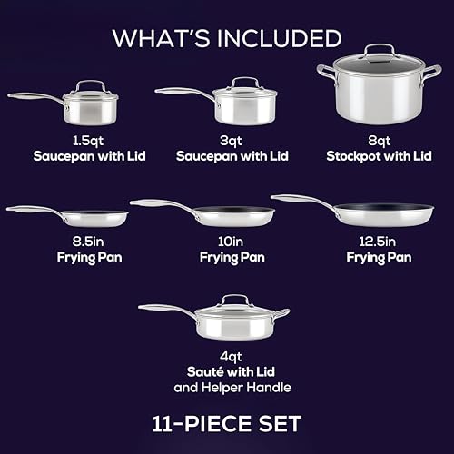 Circulon C1 Series Clad Stainless Steel with ScratchDefense Technology Nonstick Induction Cookware Pots and Pans Set, Metal Utensil Safe, 11 Piece Set - Polished Stainless Steel