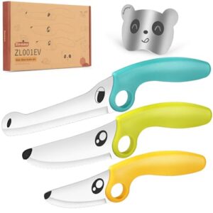 zlemma kids knife set for real cooking with educational ring & panda finger guard for boys & girls cutting, kids chef knife stainless steel blade for kitchen cutting-cool-toned