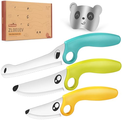 ZLemma Kids Knife Set for Real Cooking with Educational Ring & Panda Finger Guard for Boys & Girls Cutting, Kids Chef Knife Stainless Steel Blade for Kitchen Cutting-Cool-toned