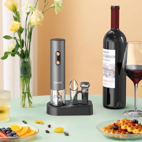 Danett Automatic Electric Wine Opener Gift Set 5in1, Electric Wine Bottle Corkscrew+Foil Cutter+Pourer+Vacuum Stoppers+Base,AL alloy body+Rose gold Buttons Anti-fingerprint,Blue Light Bin-Grey