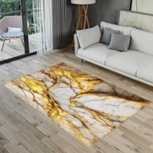 White and Gold Marble Area Rugs, 5x7ft Stylish Chic Aesthetic Kid Pet Friendly Indoor Rugs Soft Non Slip Washable Accent Carpet for Living Room Bedroom Entrance Hardwood Floor Decor