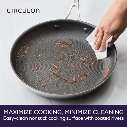 Circulon C1 Series Clad Stainless Steel with ScratchDefense Technology Cookware Nonstick Induction Frying Pan/Skillet with Lid, Metal Utensil Safe, 12.5 Inch Fry Pan - Polished Stainless Steel