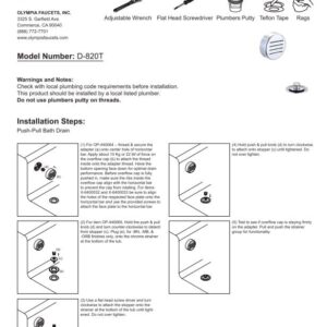 Olympia D-820T-MB Overflow and Waste Drain Trim Kit Matte Black