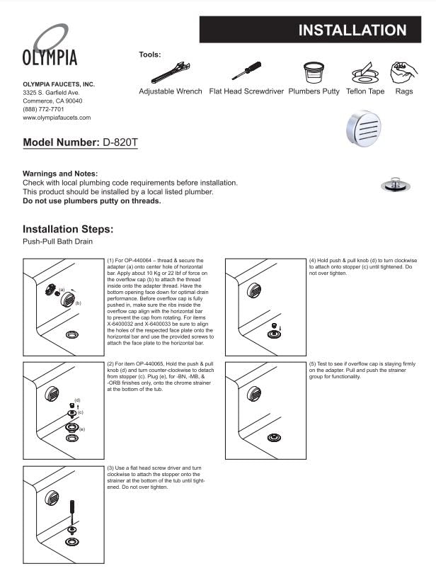 Olympia D-820T-MB Overflow and Waste Drain Trim Kit Matte Black