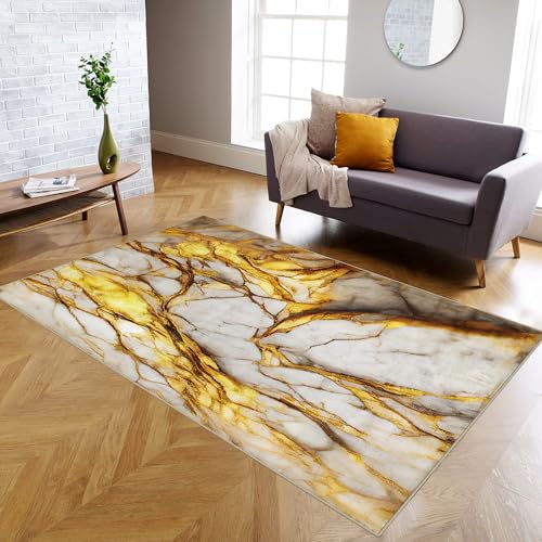 White and Gold Marble Area Rugs, 5x7ft Stylish Chic Aesthetic Kid Pet Friendly Indoor Rugs Soft Non Slip Washable Accent Carpet for Living Room Bedroom Entrance Hardwood Floor Decor