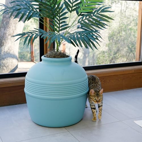 Good Pet Stuff Hidden Litter Box & Reusable Liner Essentials Kit, Round Enclosed Cat Planter Furniture, Fake Plant, Hooded Vented Carbon Filter System for Odor Control, Easy to Clean, Caribbean Blue