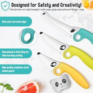 ZLemma Kids Knife Set for Real Cooking with Educational Ring & Panda Finger Guard for Boys & Girls Cutting, Kids Chef Knife Stainless Steel Blade for Kitchen Cutting-Cool-toned