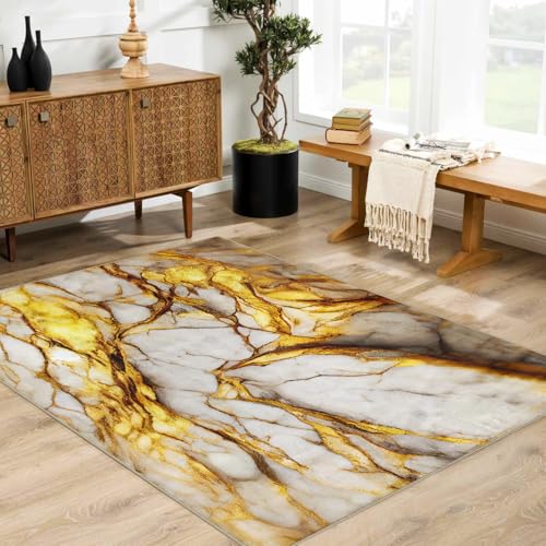 White and Gold Marble Area Rugs, 5x7ft Stylish Chic Aesthetic Kid Pet Friendly Indoor Rugs Soft Non Slip Washable Accent Carpet for Living Room Bedroom Entrance Hardwood Floor Decor