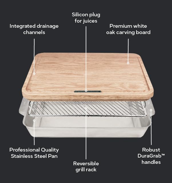 ooni Medium 15" x 10" Roasting Pan - Non Stick Stainless Steel Roasting Tray with Rack and Wooden Carving Meat Board, Ovensafe Cookware, Roaster Tin