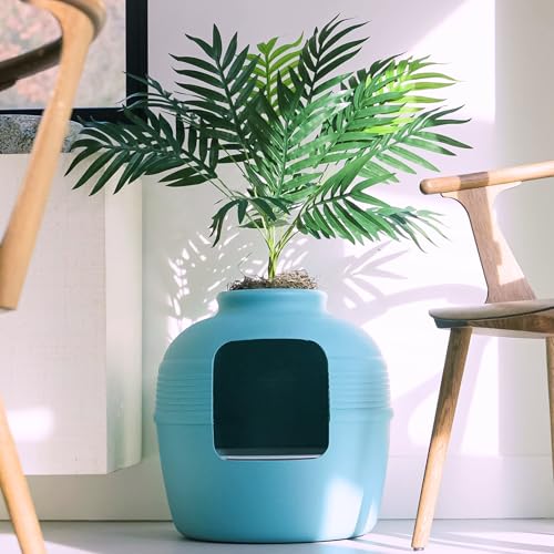 Good Pet Stuff Hidden Litter Box & Reusable Liner Essentials Kit, Round Enclosed Cat Planter Furniture, Fake Plant, Hooded Vented Carbon Filter System for Odor Control, Easy to Clean, Caribbean Blue