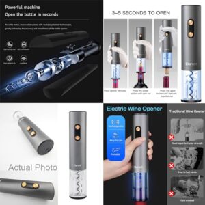 Danett Automatic Electric Wine Opener Gift Set 5in1, Electric Wine Bottle Corkscrew+Foil Cutter+Pourer+Vacuum Stoppers+Base,AL alloy body+Rose gold Buttons Anti-fingerprint,Blue Light Bin-Grey