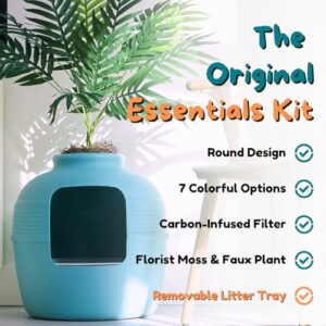 Good Pet Stuff Hidden Litter Box & Reusable Liner Essentials Kit, Round Enclosed Cat Planter Furniture, Fake Plant, Hooded Vented Carbon Filter System for Odor Control, Easy to Clean, Caribbean Blue